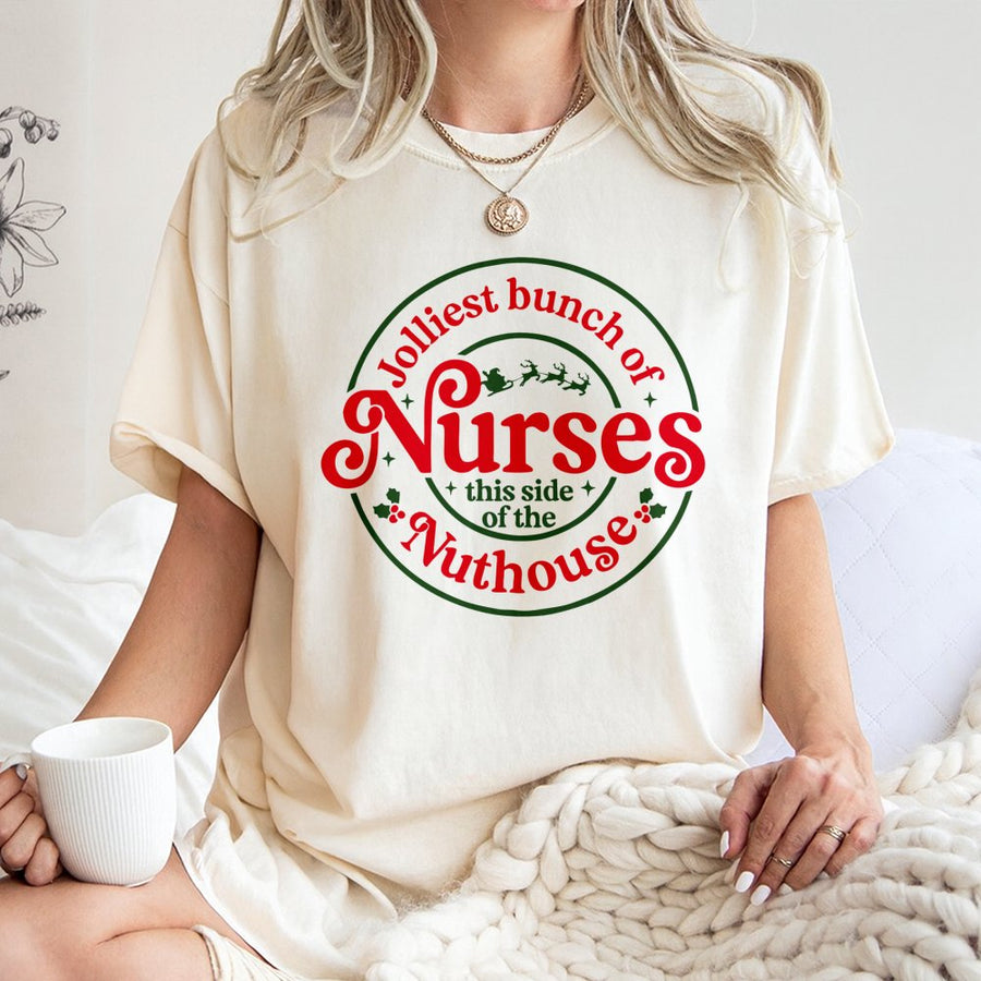 Jolliest Bunch of Nurses T-Shirt | Funny Christmas Nursing Graphic Tee | 100% Cotton Premium Quality | Nurse Holiday Gift for RN LPN CNA