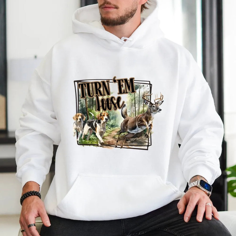 Deer Hunting Hoodie | Turn 'Em Loose Beagle Hound Dog Design | Premium Cotton Blend Sweatshirt | Gift for Hunters and Outdoorsmen