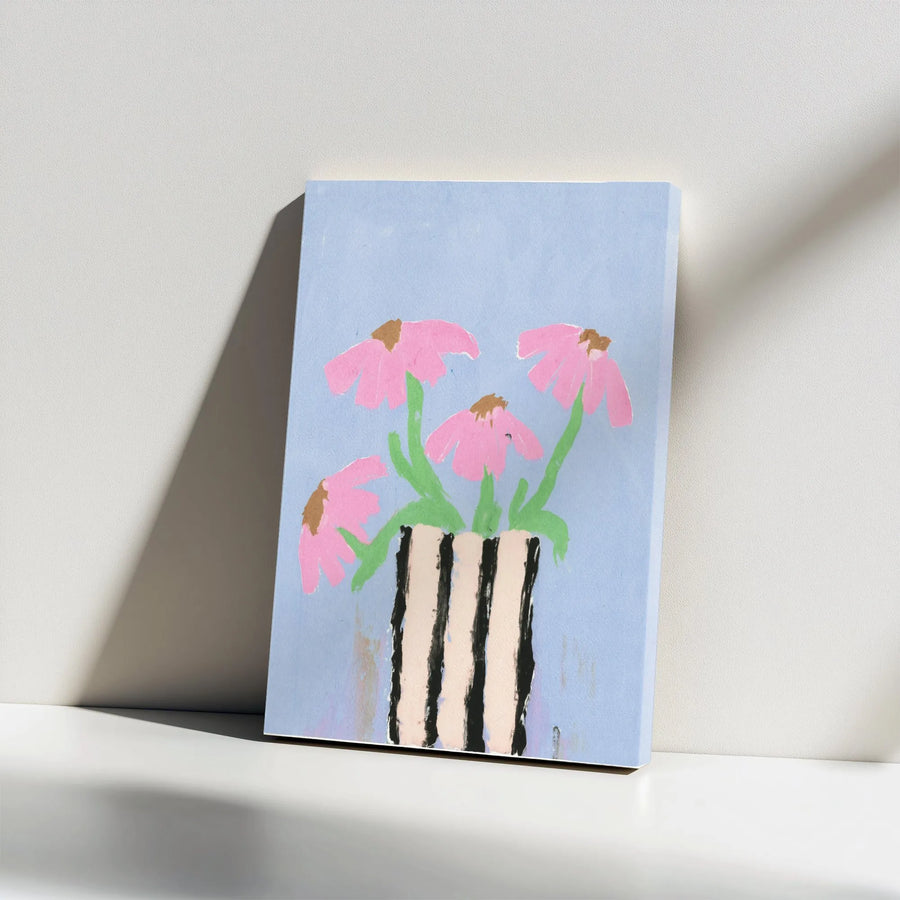 Abstract Echinacea Floral Canvas Print | Painterly Flowers in Striped Vase | Premium Gallery Wrap Canvas | Modern Botanical Home Decor Gift