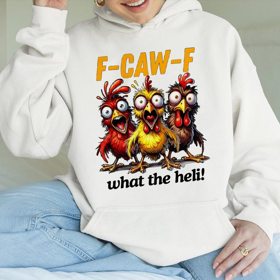 Funny Chicken Hoodie | F-Caw-F What The Heli Graphic | Premium Cotton Blend | Gift For Chicken Lovers & Farm Enthusiasts