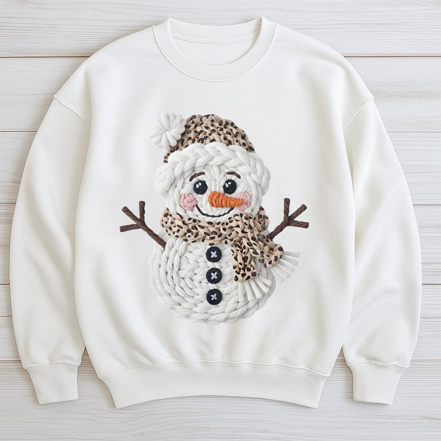 Leopard Print Snowman Sweatshirt | Faux Knit Winter Graphic | Premium Cotton Blend | Cute Christmas Holiday Gift For Her
