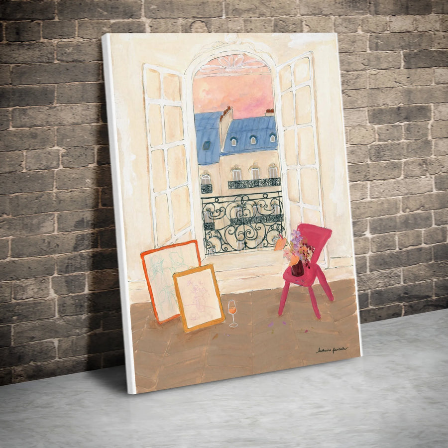 Parisian Window Vertical Canvas | Impressionist Paris Apartment Scene with Balcony View | Premium Gallery Wrapped Art | Romantic Home Decor Gift