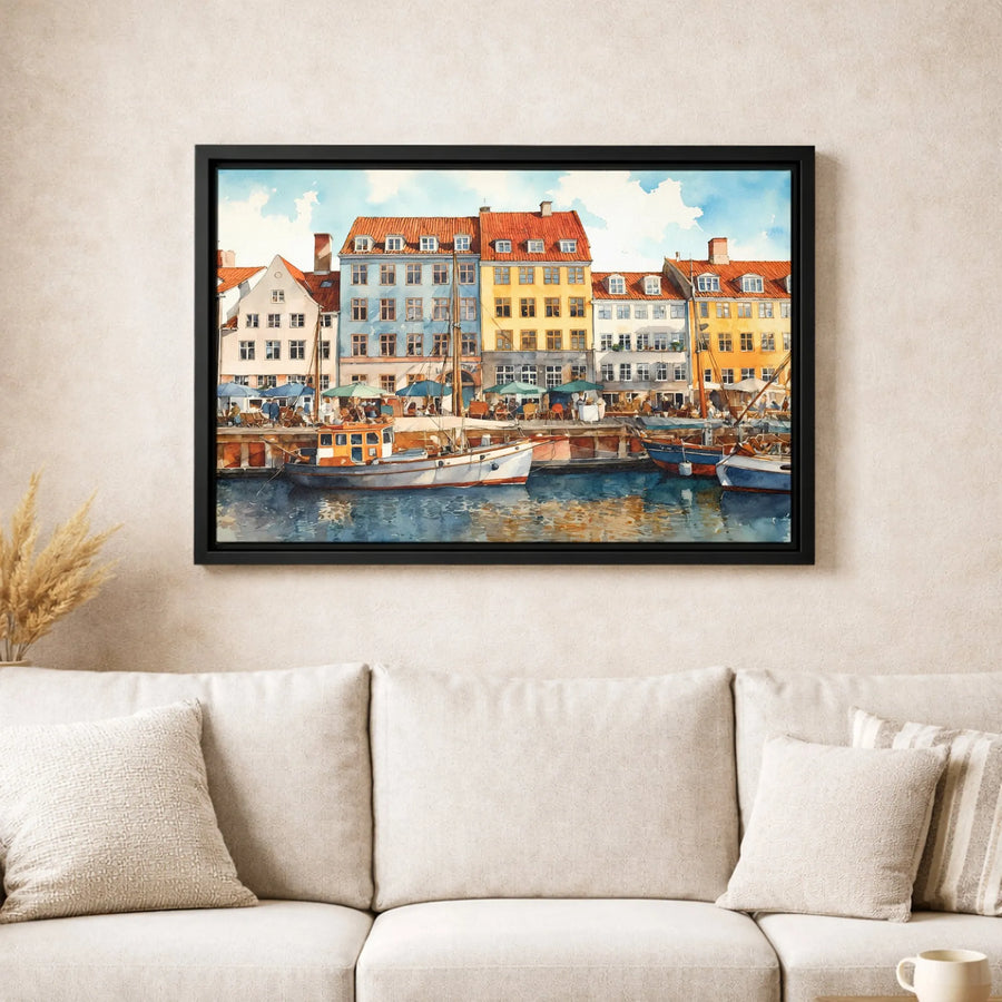 Nyhavn Copenhagen Watercolor Canvas | Colorful Harbour Dock Scene | Premium Gallery-Wrapped Print | Travel Lover Home Decor Gift