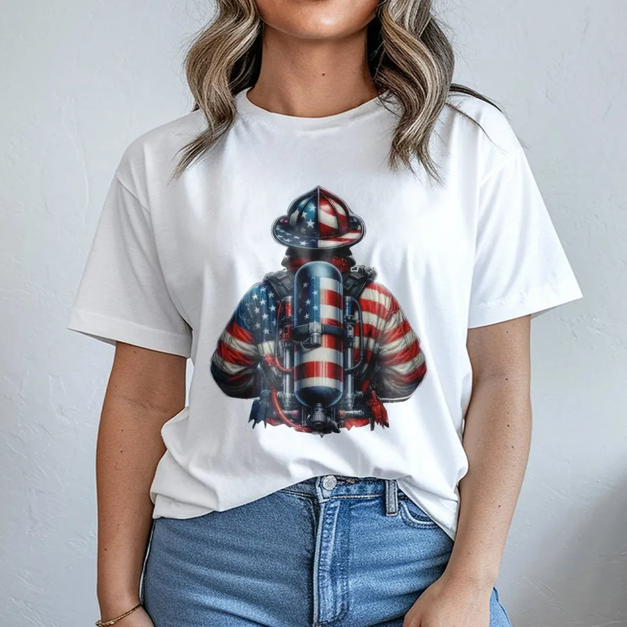 Patriotic Firefighter T-Shirt | American Flag Graphic Pullover | Soft Cotton Blend | Gift for First Responders