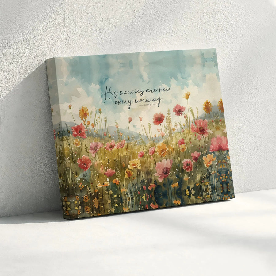 His Mercies Are New Every Morning Canvas | Watercolor Wildflower Meadow Art | Premium Gallery-Wrapped 1.25-inch Profile | Inspirational Christian Home Decor Gift