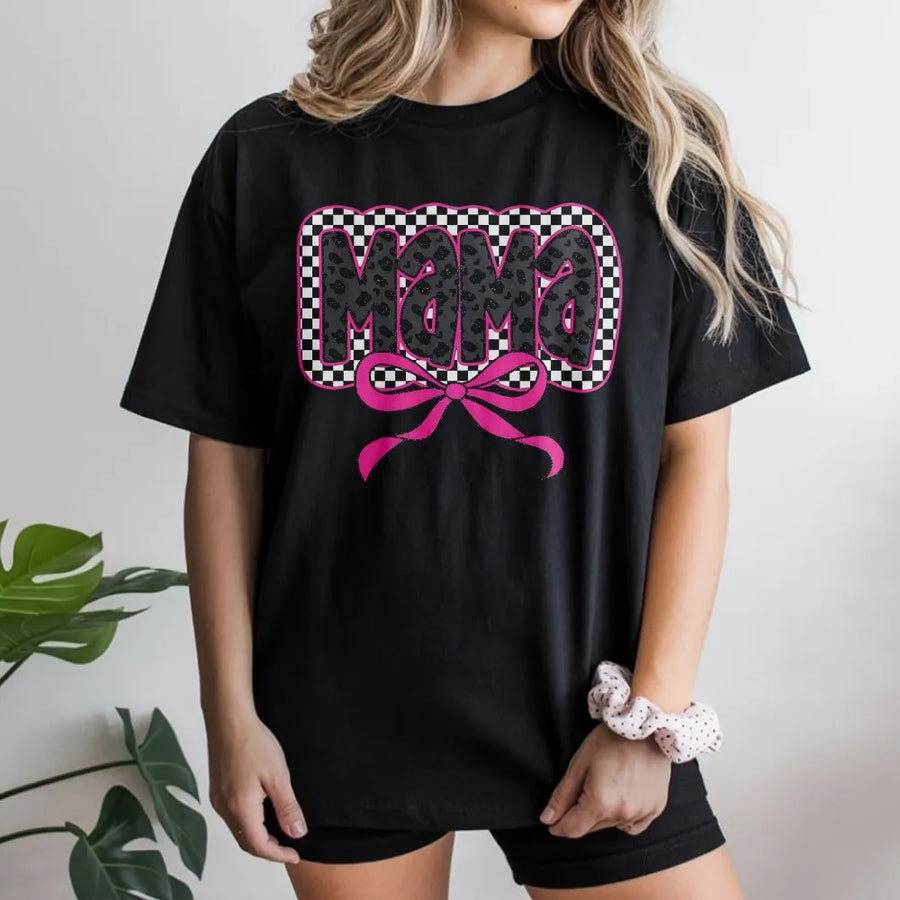 Coquette Mama T-Shirt | Leopard Checkered Pink Bow Graphic | Premium Crewneck Pullover | Trendy Gift for New Mom