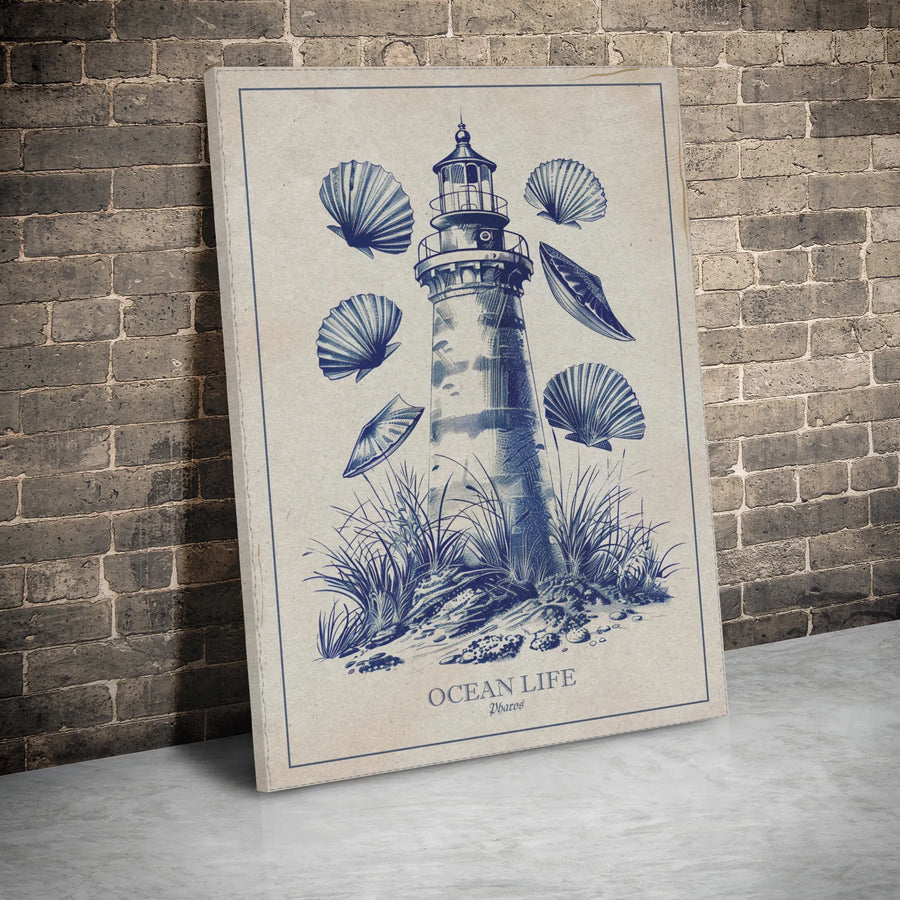 Lighthouse Canvas Wall Art | Nautical Seashell Sketch Print | Premium Gallery Wrap Decor | Coastal Home Office Living Room Gift