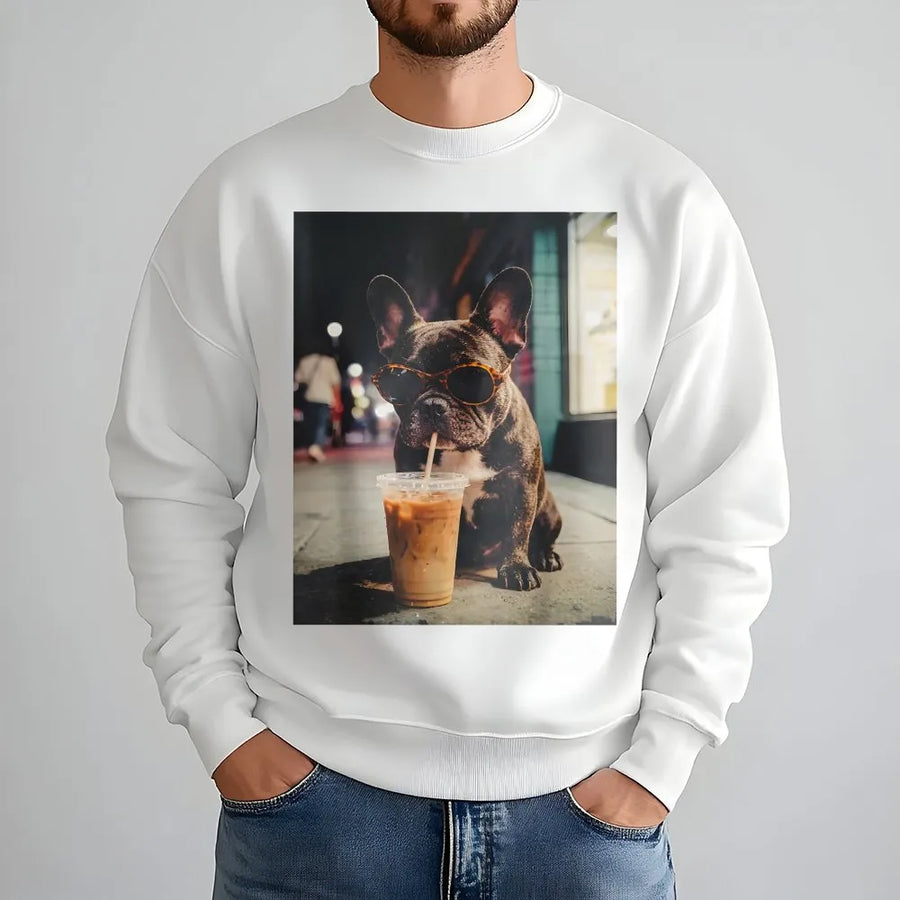 French Bulldog Sweatshirt | Cool Frenchie with Sunglasses & Iced Coffee | Premium Cotton Graphic Tee | Gift for Dog Lover & Frenchie Mom