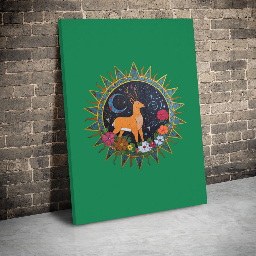 Celestial Deer Canvas Print | Boho Sun and Moon Folk Art Wall Decor | Premium 1.25" Gallery Wrap | Mystical Forest Animal Gift for Nature Lovers