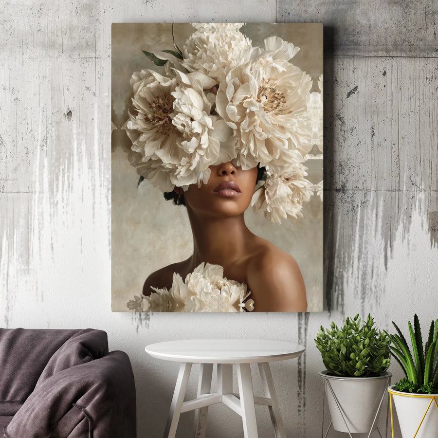 Black Woman Floral Canvas Print | Surreal Peony Portrait Wall Art | Premium Gallery-Wrap Decor | Aesthetic Modern Home Gift