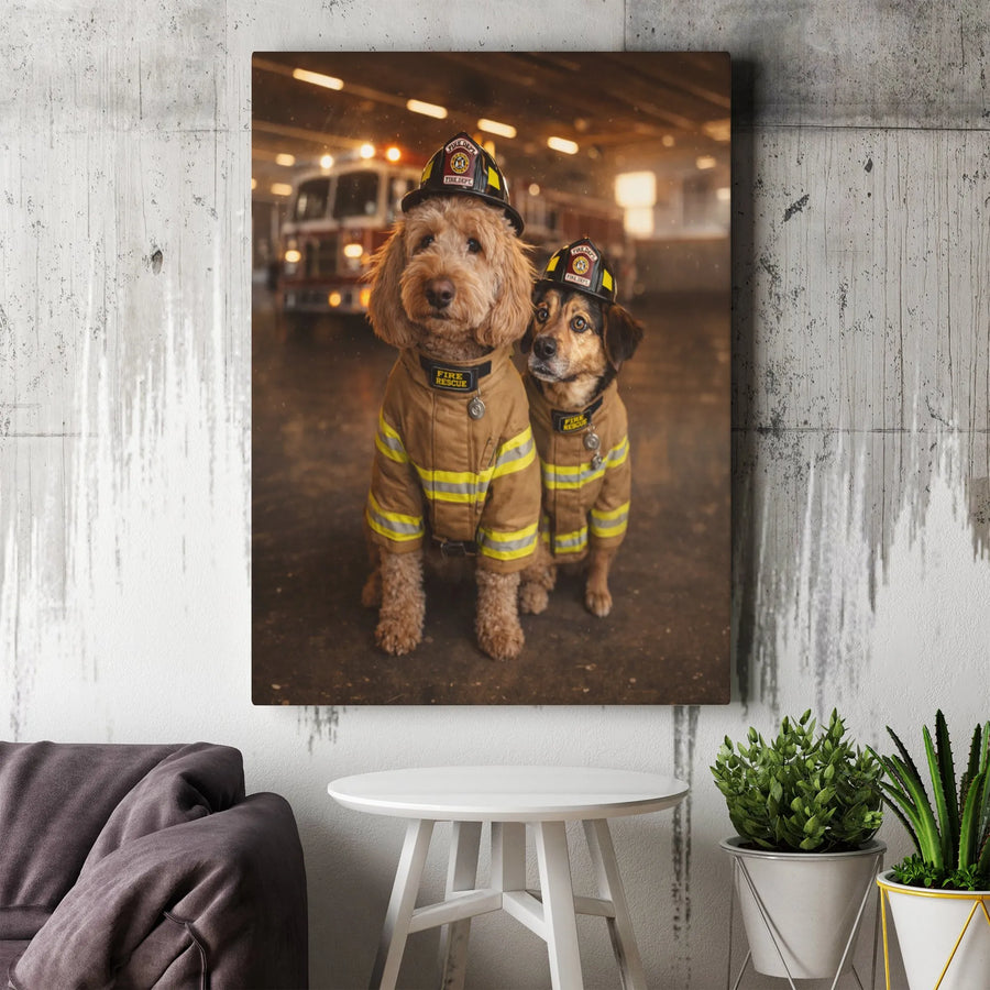 Firefighter Dogs Canvas Wall Art | Heroic K9 Fire Pups Portrait | Premium Gallery Wrap Canvas | Gift for Firefighter & Dog Lovers