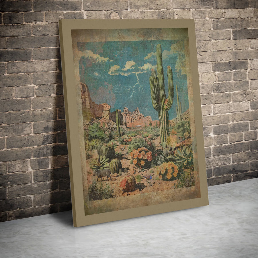 Surreal Desert Cactus Canvas Print | Vintage UFO Southwestern Landscape | Gallery Quality Wall Art | Unique Home Decor Gift