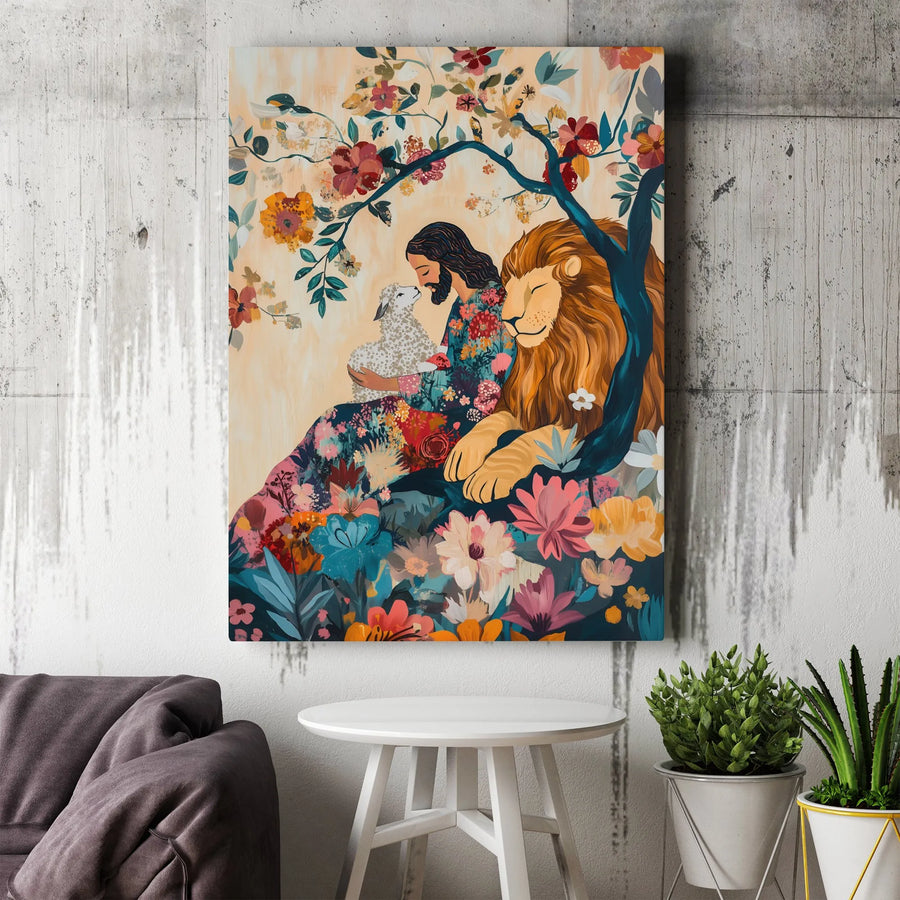 Lion and Lamb Christian Canvas Art | Floral Jesus with Lion and Lamb Painting | Premium Gallery Wrapped Canvas | Christian Home Decor Gift for Believer