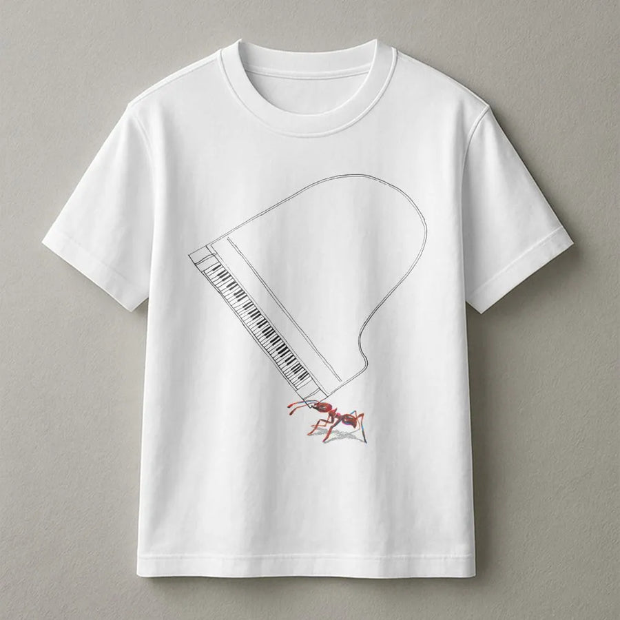 Ant Lifting Piano T-Shirt | Surreal Minimalist Line Art Graphic | Premium Cotton-Blend Sweatshirt | Gift for Musician or Pianist