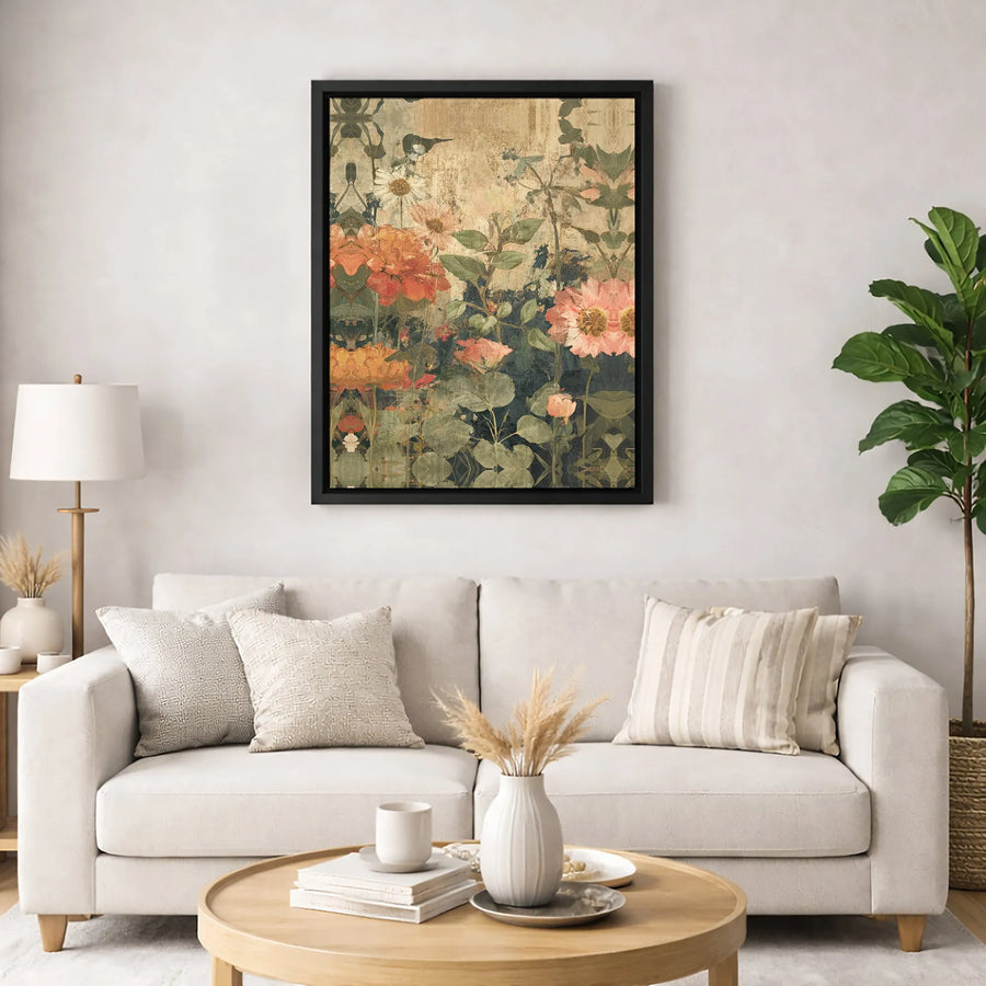 Vintage Floral Canvas Wall Art | Symmetrical Botanical Still Life | Premium Fade-Resistant Gallery Wrap | Elegant Home Decor for Living Room