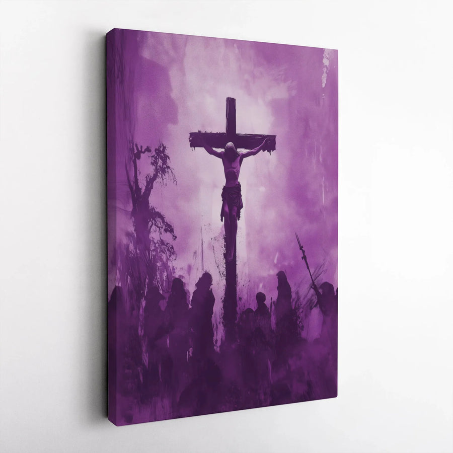 Crucifixion Canvas Wall Art | Dramatic Purple Toned Scene | Premium Gallery Wrapped Canvas | Spiritual Home Decor Gift