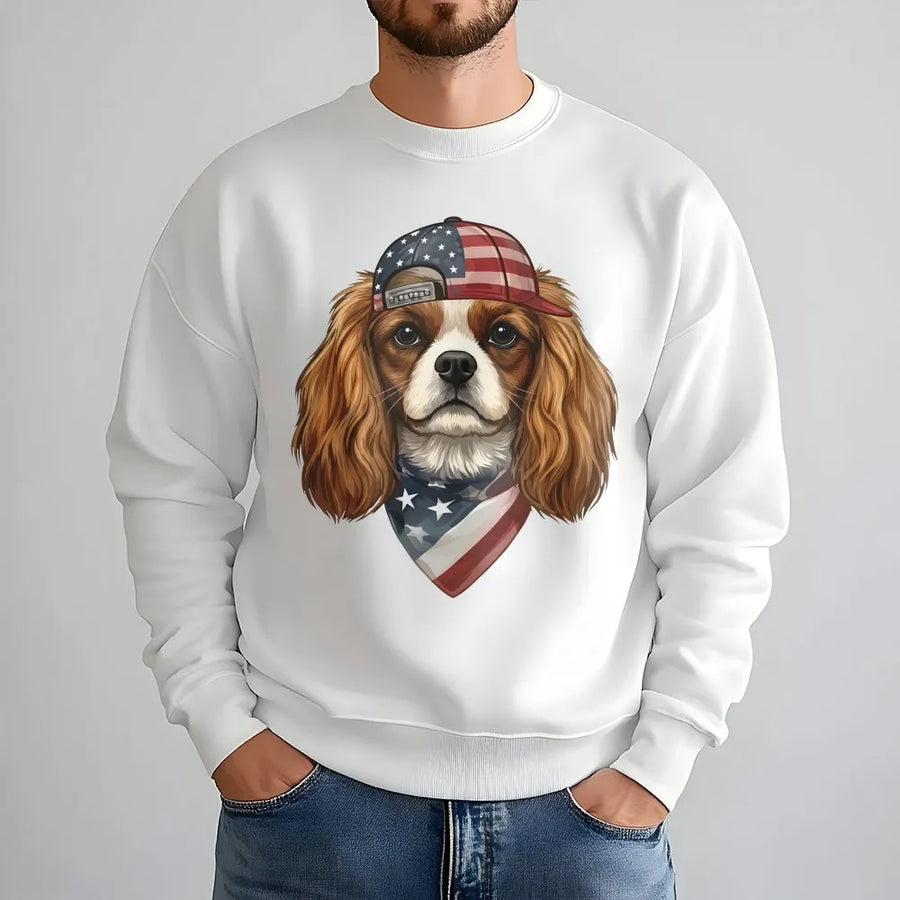 Patriotic Dog Sweatshirt | Cavalier King Charles Spaniel USA Flag Graphic | Soft Cotton Blend Pullover | Fourth of July Gift for Dog Mom & Dad