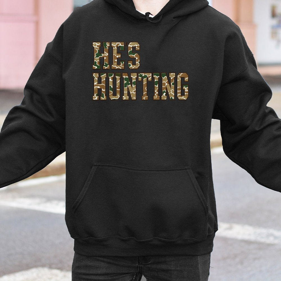 He's Hunting Hoodie | Camo Text Varsity Design | Premium Cotton-Blend Fleece | Perfect Gift for Hunting Wife or Girlfriend