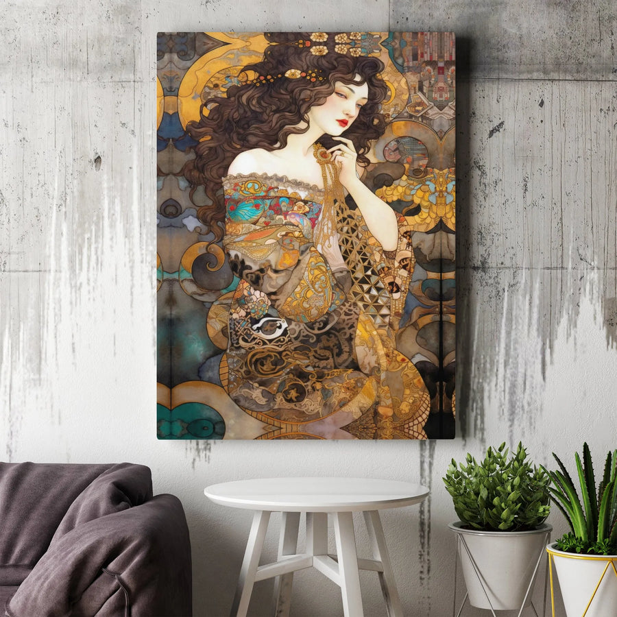 Art Nouveau Woman Portrait Canvas | Ornate Gold Aesthetic Wall Art | Premium Gallery Wrap | Sophisticated Home Decor Gift