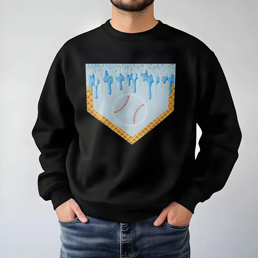 Baseball Ice Cream Sweatshirt | Melting Home Plate Graphic | Soft Cotton Blend Pullover | Unique Gift for Baseball Players & Fans