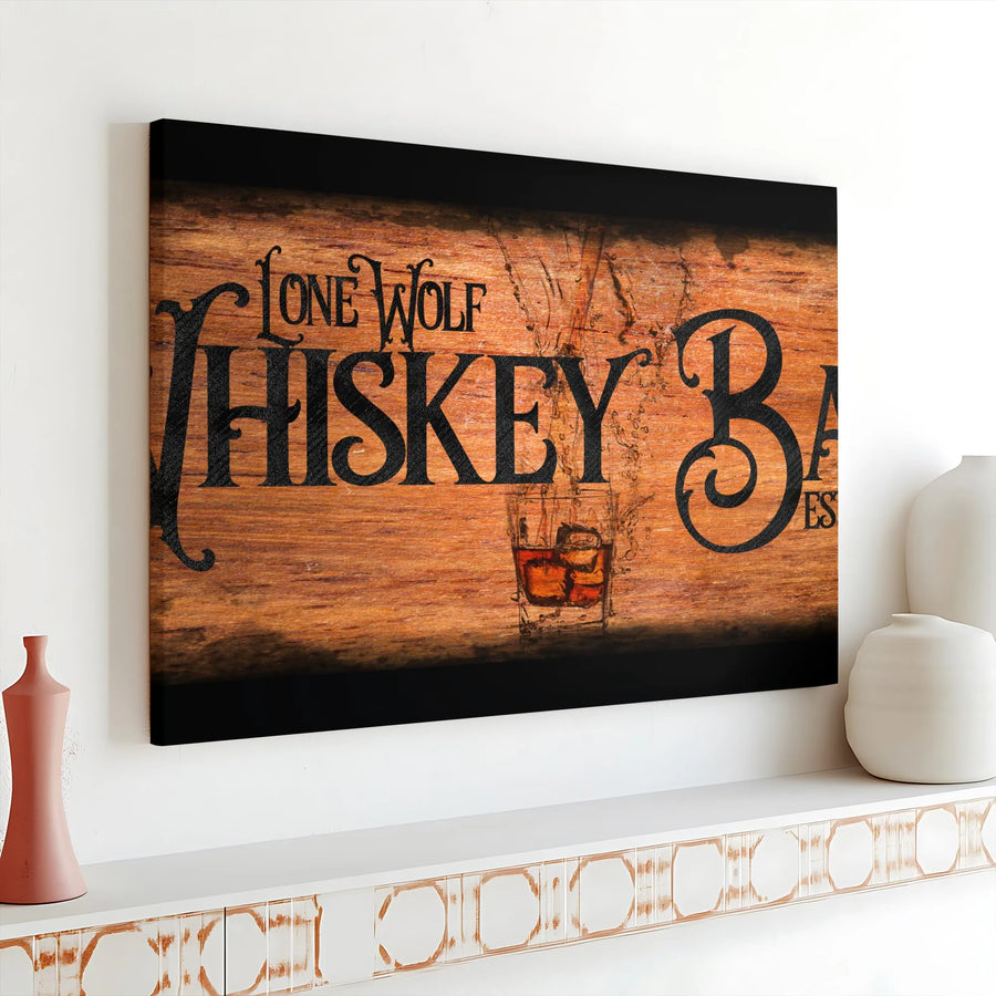 Lone Wolf Whiskey Bar Canvas Wall Art | Rustic Pub Decor with Whiskey Glass | Premium Gallery Wrap Print | Man Cave & Home Bar Decor Gift