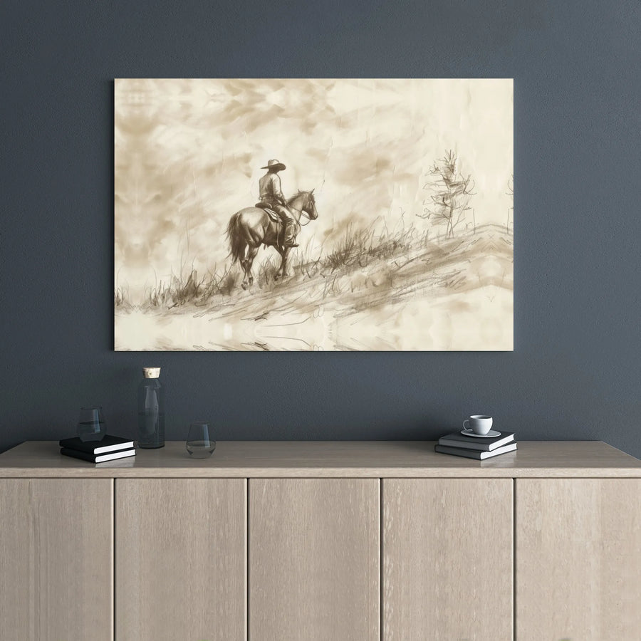 Western Cowboy Horse Canvas Wall Art | Sketch Style Equestrian Print | Gallery Wrap Premium Decor | Rustic Farmhouse Gift For Him