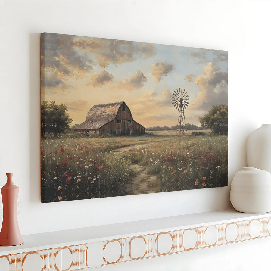 Rustic Barn Canvas Wall Art | Windmill Wildflower Meadow Landscape | Premium Gallery-Wrapped Print | Farmhouse Home Decor for Living Room