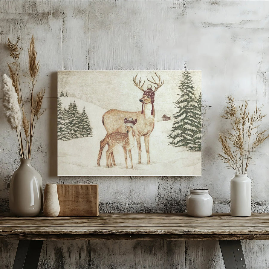 Winter Deer Canvas Wall Art | Whimsical Woodland Scene with Deer in Knit Hats | Premium Fade-Resistant Print | Rustic Cabin Holiday Decor Gift