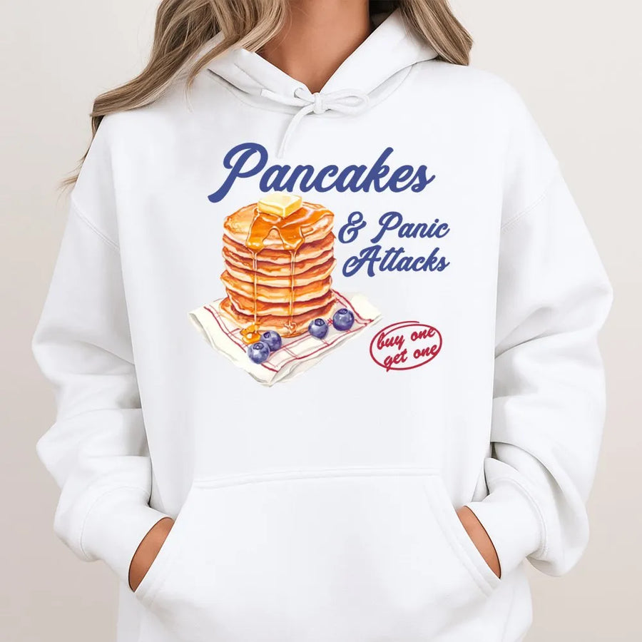 Pancakes & Panic Attacks Hoodie | Funny Breakfast Lover Graphic Pullover | Soft Cotton Blend Unisex Sweatshirt | Retro Humor Gift For Foodies