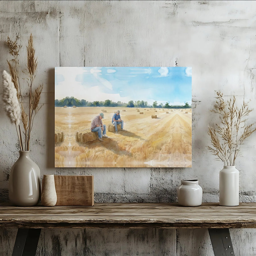 Farmers Harvesting Hay Bales Canvas | Watercolor Country Farm Landscape | 1.25 Inch Gallery Wrap | Rustic Home Decor Wall Art