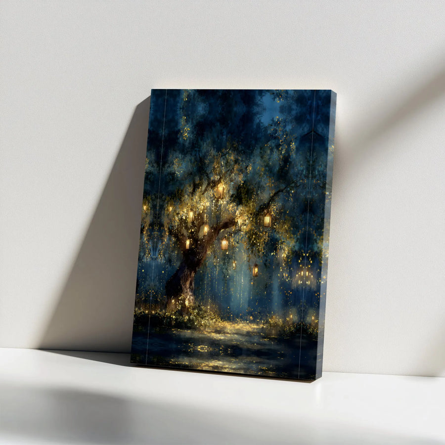 Enchanted Forest Canvas Wall Art | Magical Tree with Hanging Lanterns and Fireflies | Premium Gallery-Wrapped Print | Whimsical Home Decor Gift