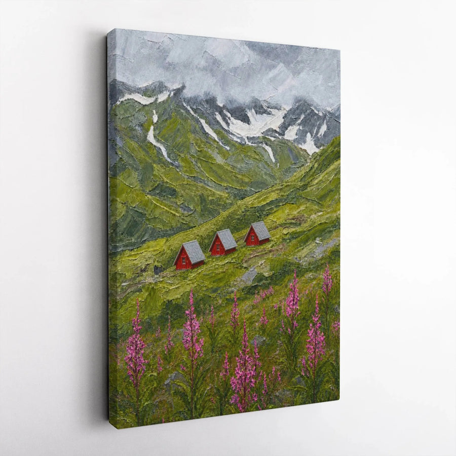 Mountain Landscape Vertical Canvas | Red Cabins Impasto Style Art Print | 1.25 Inch Gallery Wrap Wall Art | Cozy Alpine Nature Lover Gift
