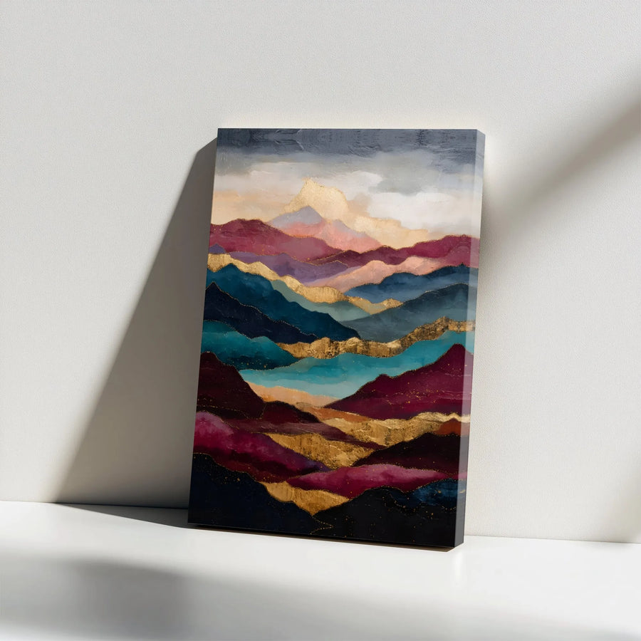 Abstract Mountain Landscape Canvas Art | Gold Foil Leaf Texture Design | Premium 1.25" Gallery Wrap | Modern Home Office Decor Wall Hanging