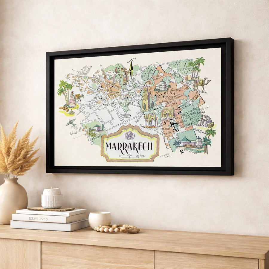 Marrakech Map Wall Art | Vintage Illustrated City Print | Premium Gallery-Wrapped Canvas | Travel Decor Gift for Morocco Lovers