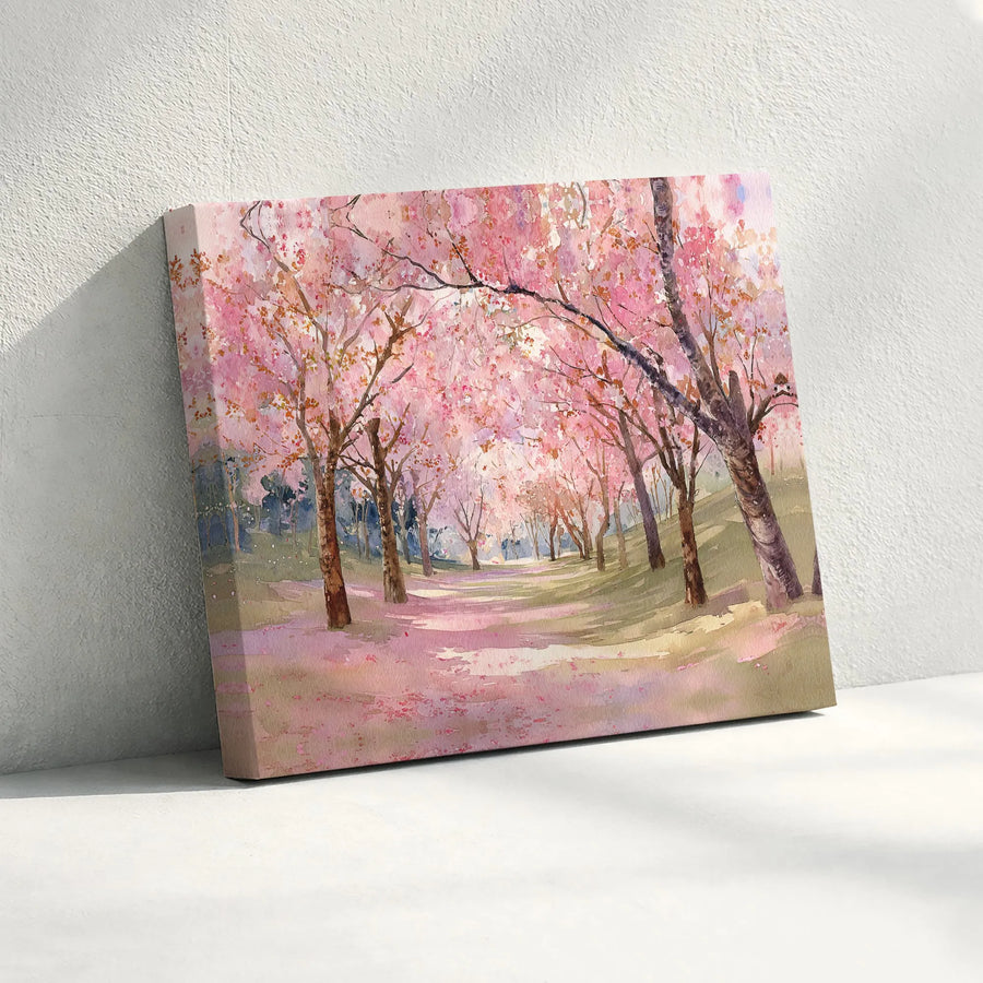 Cherry Blossom Canvas Wall Art | Watercolor Japanese Garden Scene | Premium Gallery Wrapped Canvas | Serene Living Room Decor Gift