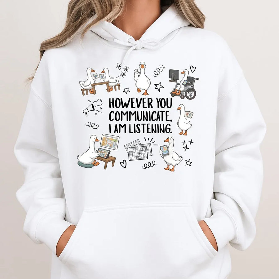 SPED Teacher Hoodie | AAC Communication Goose Graphic | Premium Cotton-Blend | Gift for Special Education Teacher