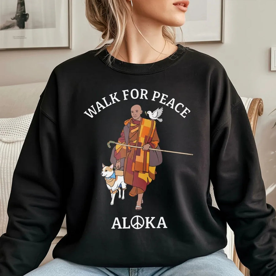Walk For Peace Sweatshirt | Buddhist Monk and Dog Graphic | Premium Cotton Blend | Zen Mindfulness Gift for Meditation Lovers