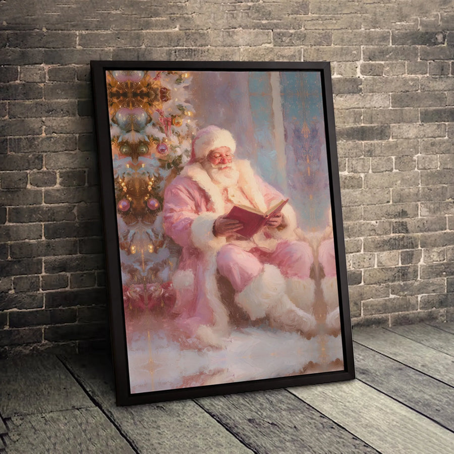 Pink Suit Santa Canvas Art | Reading by Christmas Tree Oil Painting Style | Premium Fade-Resistant Print | Festive Holiday Home Decor Gift