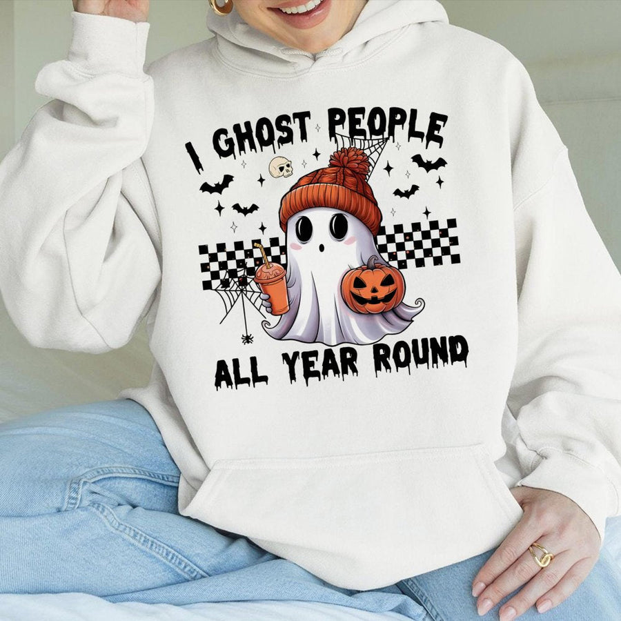 I Ghost People All Year Round Hoodie | Spooky Cute Aesthetic Ghost Graphic | Premium Cotton-Blend Pullover | Funny Halloween Gift for Ghost Lovers
