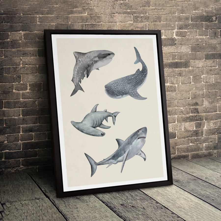 Watercolor Shark Wall Art | Coastal Marine Life Gallery Canvas | Premium Fade-Resistant Print | Ocean Decor for Bedroom or Living Room