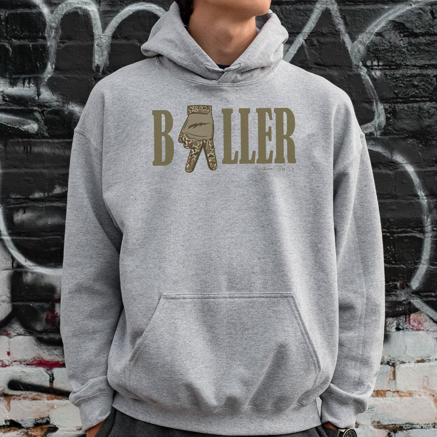 Baller Camo Hand Sign Hoodie | Athletic Graphic Sportswear | Premium Cotton Blend Unisex Sweatshirt | Gift for Sports Fans and Teenagers