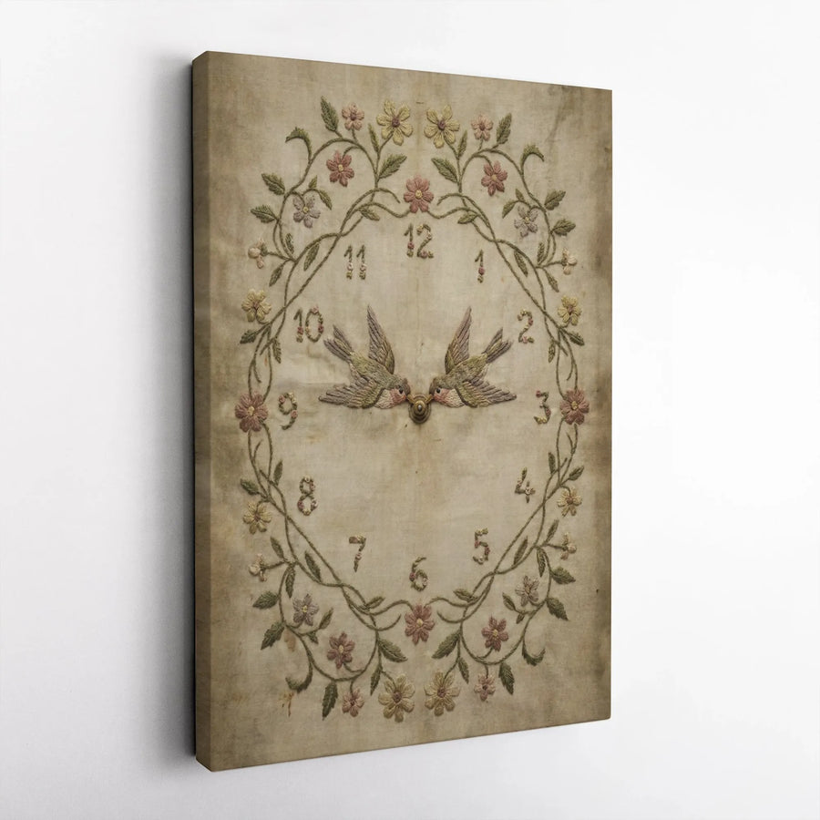 Floral Clock Canvas Art | Kissing Birds Botanical Wreath Print | Textured Vintage Style Wall Decor | Cottagecore Home Gift