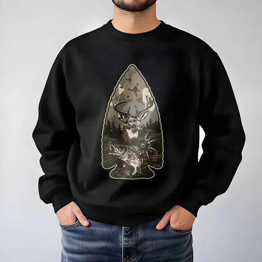 Hunting Season Sweatshirt | Arrowhead Graphic with Deer, Bass & Ducks | Soft Cotton-Blend Sweatshirt | Premium Outdoorsman Gift