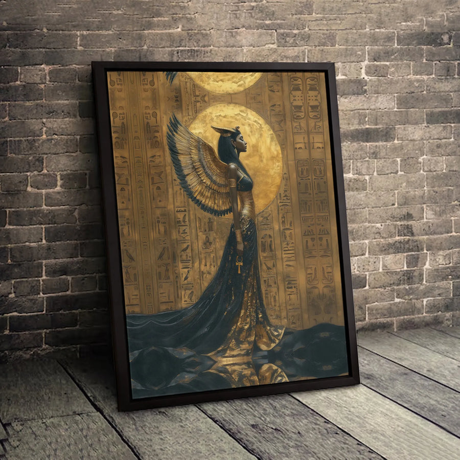 Egyptian Goddess Isis Canvas Print | Golden Wings & Hieroglyphics Art | Premium Fade-Resistant Gallery Wrap | Spiritual Home Office Wall Decor
