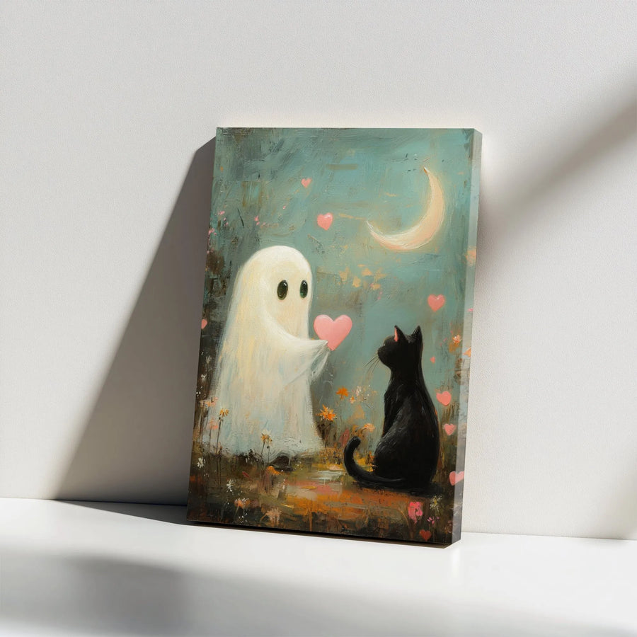 Cute Ghost and Black Cat Wall Art | Whimsical Spooky Love Illustration | Premium 1.25-Inch Gallery Wrap Canvas | Unique Gift for Animal Lovers
