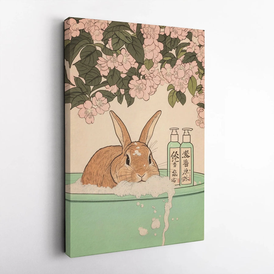 Japanese Ukiyo-e Rabbit Bath Vertical Canvas | Cute Vintage Woodblock Bunny Art Print with Cherry Blossoms | Premium 1.25 Inch Gallery Wrap | Whimsical Bathroom Decor Gift