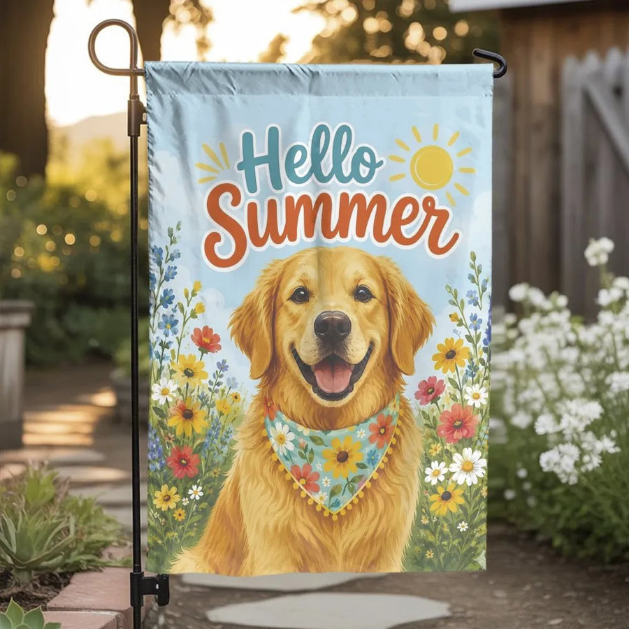 Golden Retriever Dog Garden Flag | Hello Summer Floral Outdoor Banner | Double-Sided Premium Weather-Resistant Polyester | Yard Decor Gift for Dog Lovers