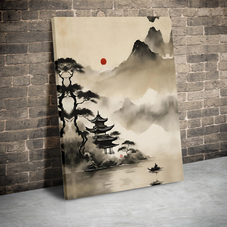 Japanese Ink Wash Painting Canvas | Pagoda Mountains & Red Sun Zen Wall Art | 1.25" Gallery Wrap | Premium Home Decor Gift