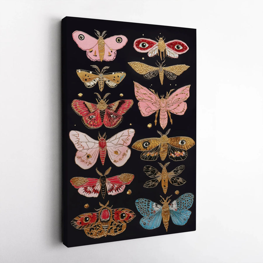 Moth and Butterfly Wall Art Print | Vintage Botanical Insect Collection with Gold Accents | Premium Gallery-Wrapped Canvas | Nature Home Decor Gift