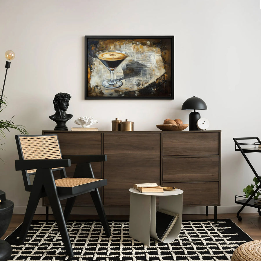 Espresso Martini Canvas Print | Abstract Cocktail Art on Newspaper Background | Premium Gallery-Wrapped Wall Decor | Bar Cart Gift for Coffee Lovers